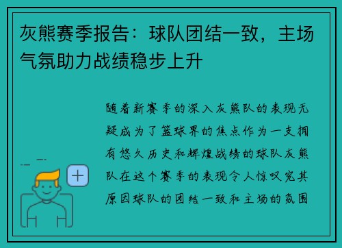 灰熊赛季报告：球队团结一致，主场气氛助力战绩稳步上升